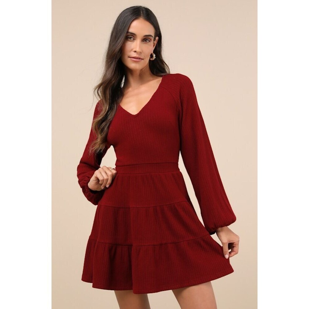 Lulus Adorable Option Wine Red Long Sleeve Mini Sweater Dress - Size M